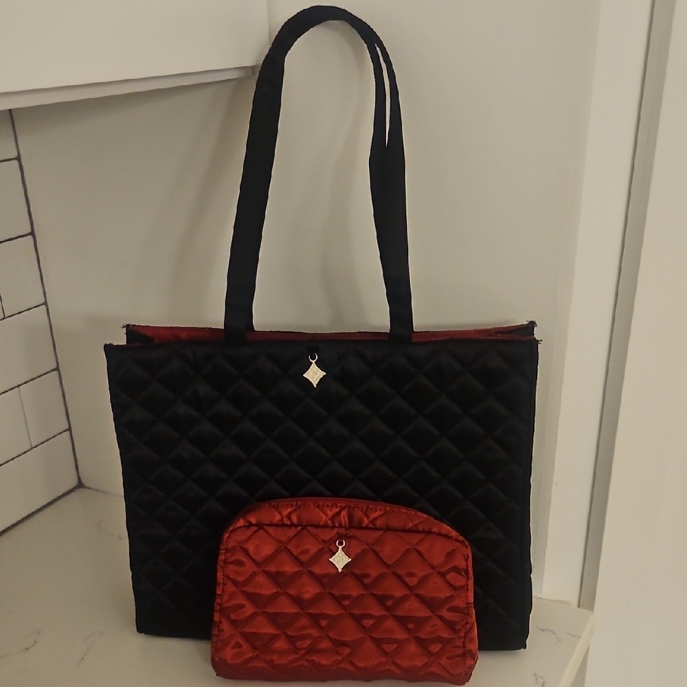 Elegant Lancome Black and Red Quilted Tote Bag Set